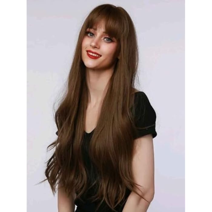 Long Straight Brown Wig with Bangs, Natural Looking Synthetic Hair, Classic Style for Cosplay and Daily Wear